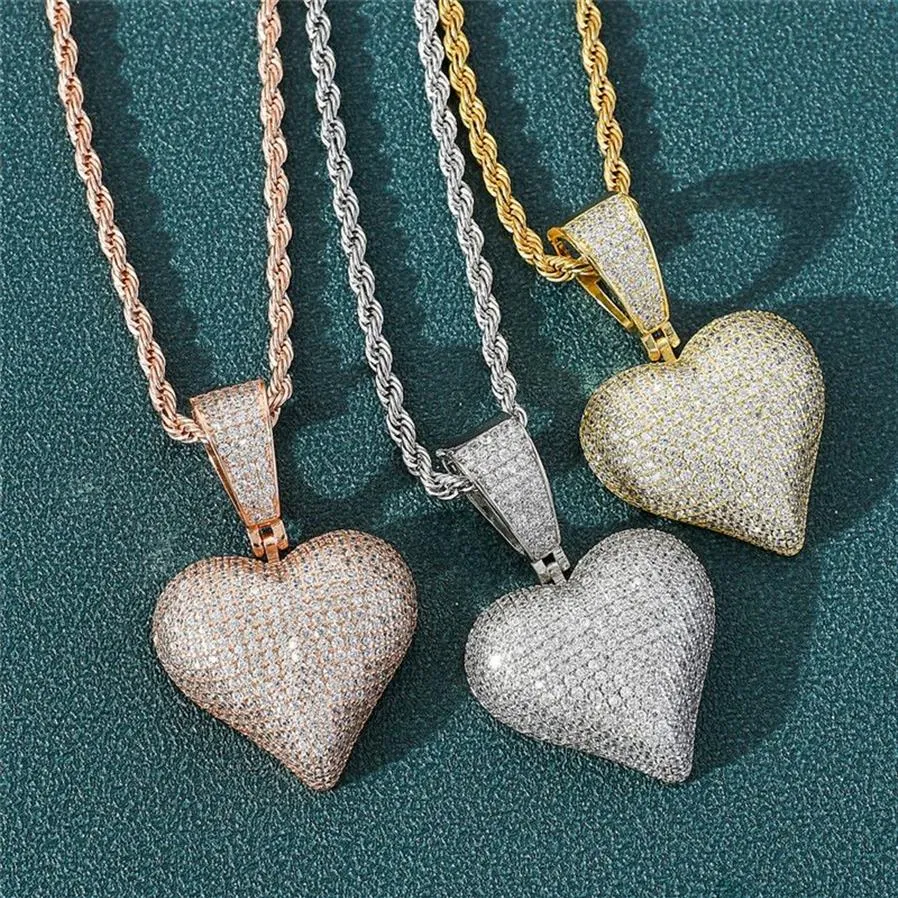 New Arrived Heart Shape Solid Back Pendant Necklace with Rope Chain Iced Out Zircon Mens Hip Hop Jewelry Gift292o