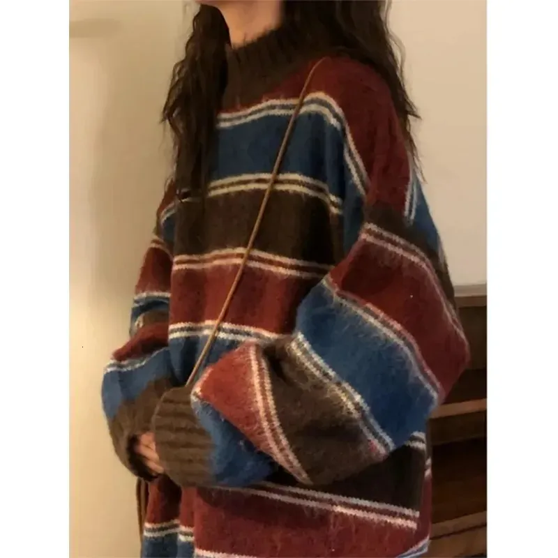 Kadınların Sweaters Harajuku Örgü Sweaters Kadın Büyük Boyutlu Çizgili Sokak Giyim Vintage Patchwork Jumbers Tepeli Kore Sıradan Külkü 231005