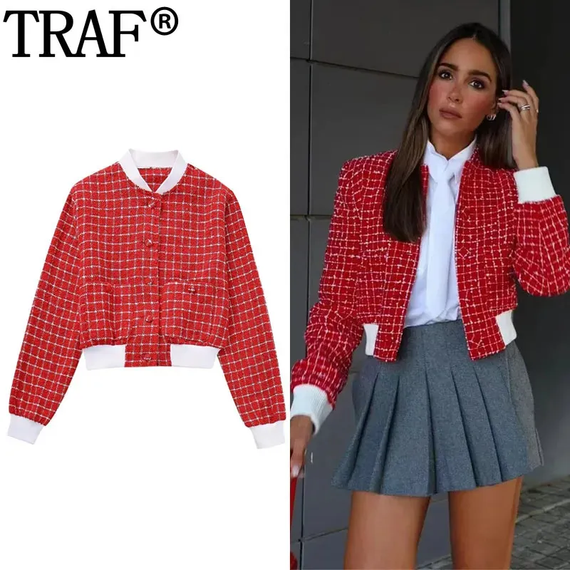 Women's Jackets TRAF Plaid Jackets For Women Long Sleeve Bomber Cropped  Jacket Woman Autumn Button Up In Jackets Y2K Tweed Short Coats 231006