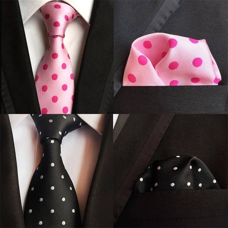 Bow Ties Classic 8cm Silk Polka Dot Sets Black Pink Jacquard Pocket Square Necktie مجموعة للرجال أعمال العريس العريس 231005