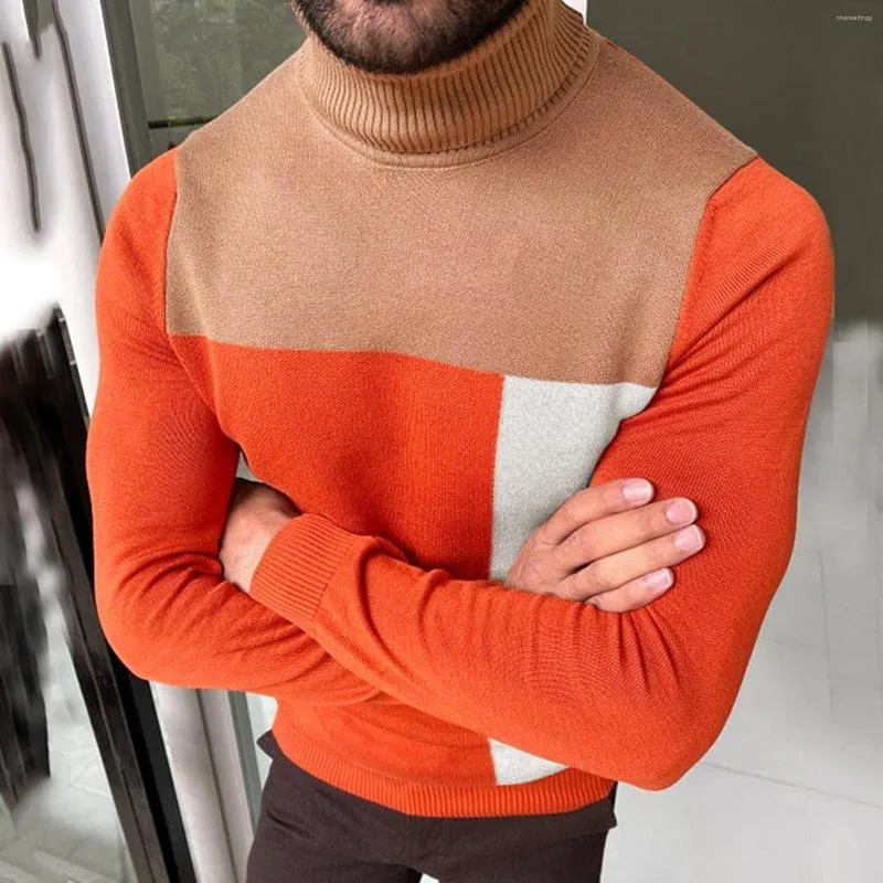 Herrtröjor vinter turtleneck orange färgblock smal stickade tröjor män fast färg casual manlig höststickning