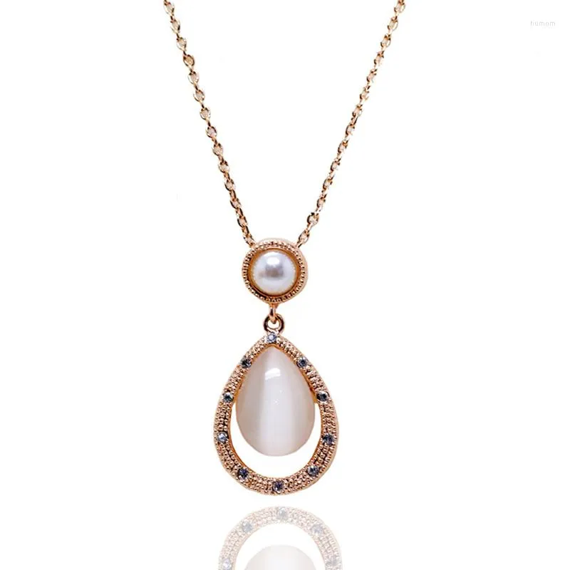 Pendanthalsband Ociki Rose Gold Color Imitated Pearl Opal Crystal Necklace Chokers Vintage Cubic Zirconia Waterdrop for Women Girls Gift