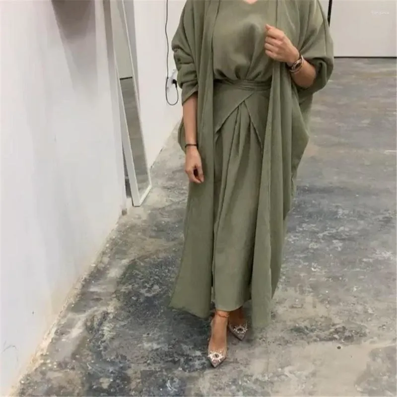 Roupas étnicas Eid Mulheres Muçulmanas Conjunto de Correspondência Aberto Kimono Abaya Maxi Vestido Envoltório Saia Islâmica Ramadan Dubai Robe Turquia Kaftan Caftan