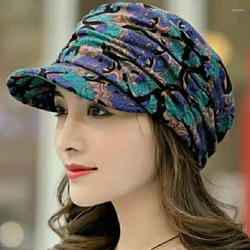 Bérets Floral Plissé Imprimer Court Large Bord Earflap Chapeau Ethnique Coupe-Vent Pliable Chaud Femmes Automne Hiver En Plein Air Quotidien Cap Taille Libre