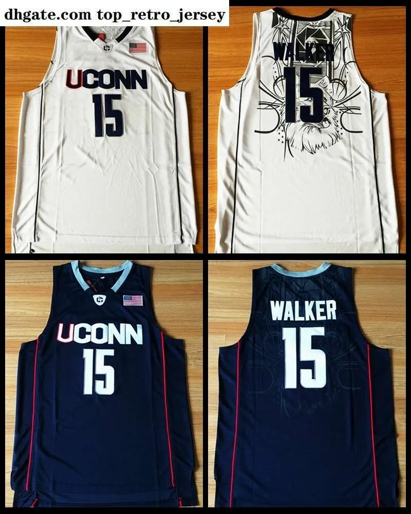 Maillot Kemba Walker # 15 UCONN Huskies Maillot de basket-ball cousu chaud S-XXL Bleu marine Blanc Livraison gratuite