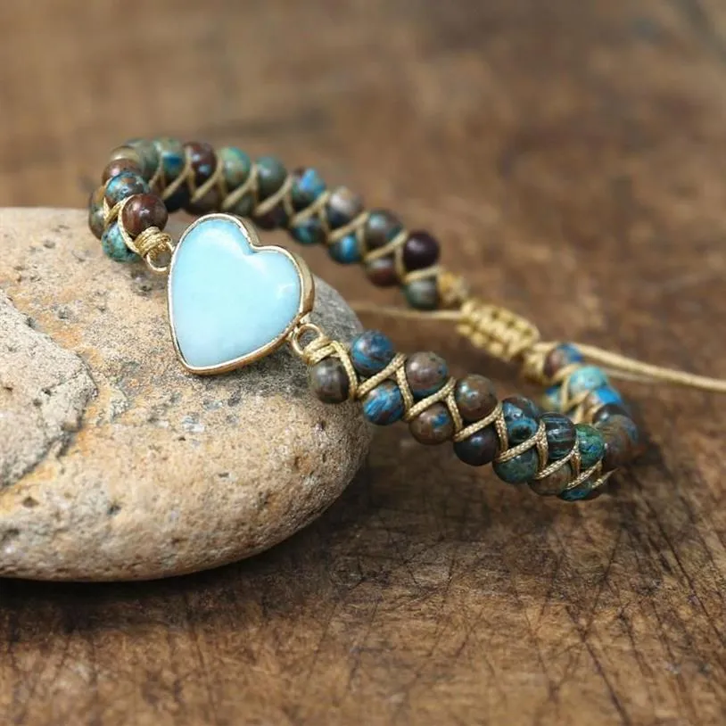 Amazonite a forma di cuore blu pazzo pizzo agate braccialetto intrecciato amicizia braccialetto avvolgente fascino donna uomo gioielli fatti a mano296Q