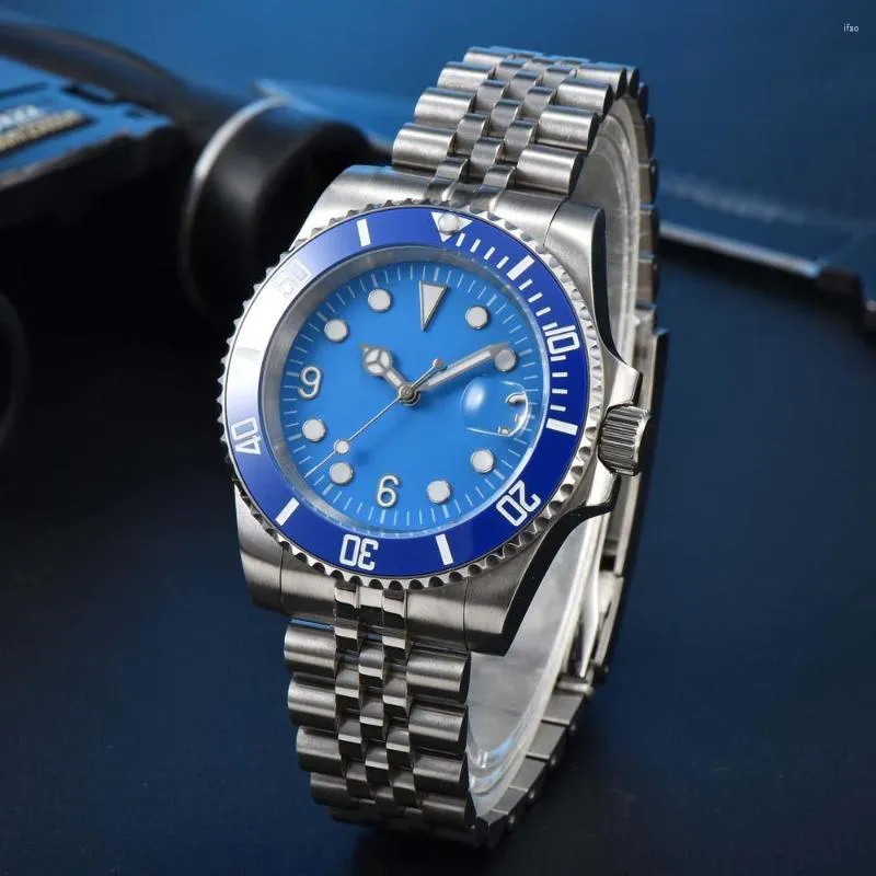 Relógios de pulso relógio mecânico masculino azul estéril dial nh35 movimento automático caixa de aço inoxidável pulseira sólida volta safira espelho