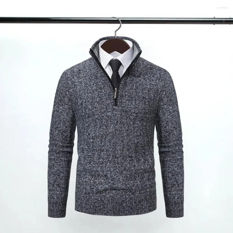 Men's Sweaters Cozy Polyester Sweater Thick Warm Zipper Design Stand Collar Long Sleeve Pullover Ideal For Autumn Winter Casual