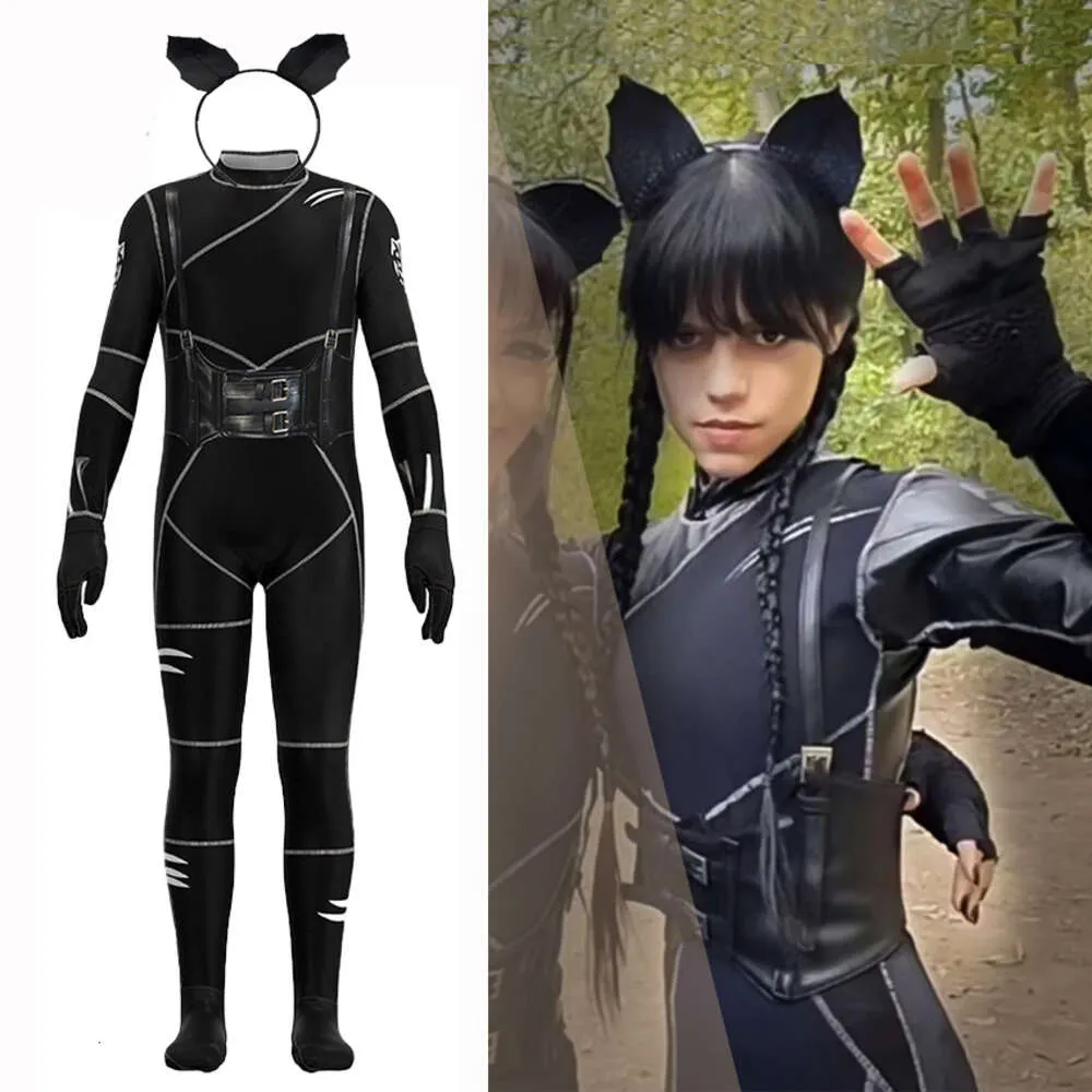 Schwarzes Mittwoch-Katze-Kostüm für Kinder, Mittwoch-Addams-Overall, Catsuit, Body, Ohren, Stirnband, Katze, Cosplay, Halloween-Party-Anzug, Mädchen-Cosplay