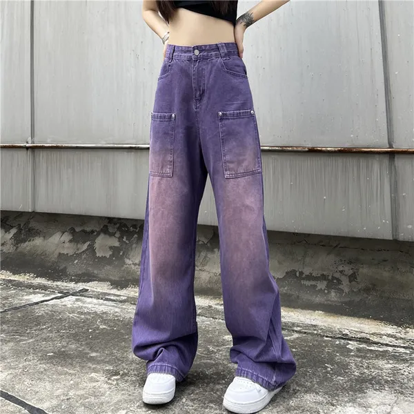 Jeans roxo feminino 2023 novo outono cintura alta versão coreana solto fino esfregar jeans ins calças compridas