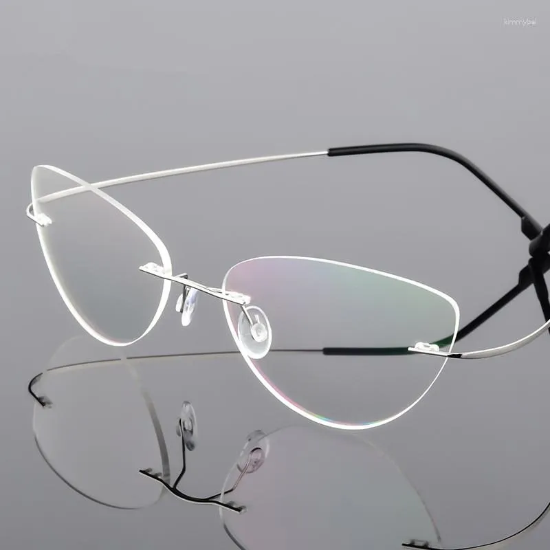 Óculos de sol quadros gato olho óculos prescrição mulheres sem aro redondo miopia óptica coreano liga de titânio quadro homens