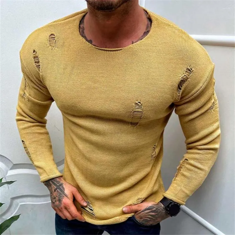 Men's Sweaters Men Casual Ripped Autumn Round Neck Tops Thin Long Sleeve Knitwear 2024 Yellow Streetwear Loose Male Pullovers