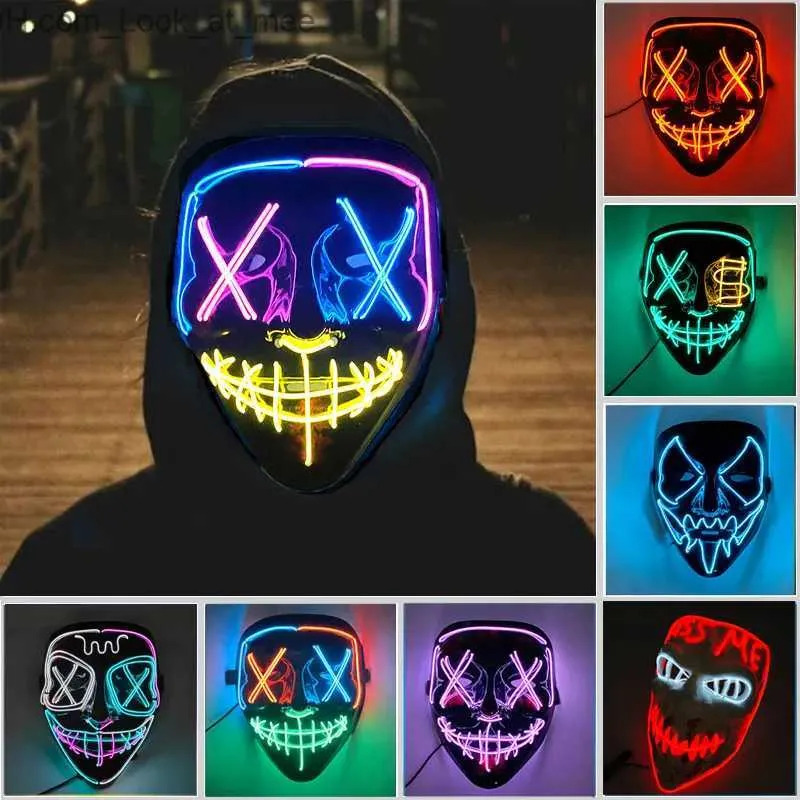 Party Maskers Hot Sale Halloween Gloeiend Eng Gezichtsmasker Lichtgevend LED Purge Masker Neon Light Up Horror Party Masker Cosplay Kostuumbenodigdheden Q231009