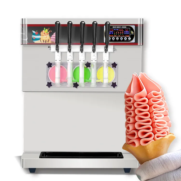 ETL Commercial 5 Flavors Soft Serve Ice Cream 3+2 Mixed Flavors Macher Maker 35-40L/ساعة مع خزانات مبردة وغسل تلقائي وعد تلقائي مع لوحة LED