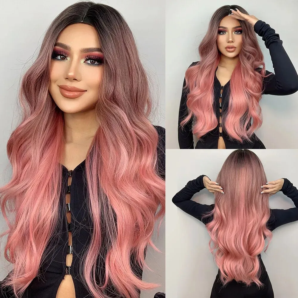 Synthetic Wigs Pink For Women Long Wavy Wig Middle Part Cosplay Heat Resistant Natural Hair Looking 231006