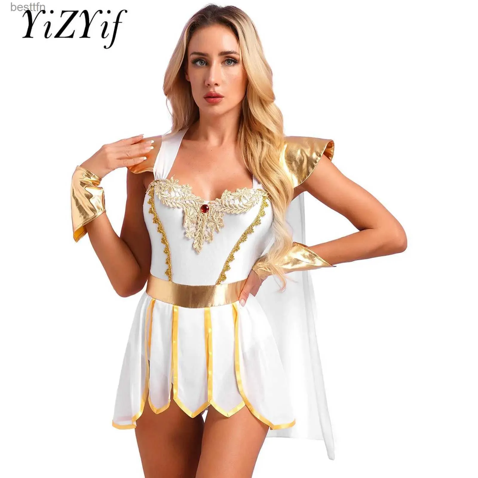 Themakostuum Dames Halloween Oude Romeinse Toga Come Party Fancy Dress Up Geïntegreerde Cape Bloemblaadje Rok Body met Metallic PolsbandjesL231007