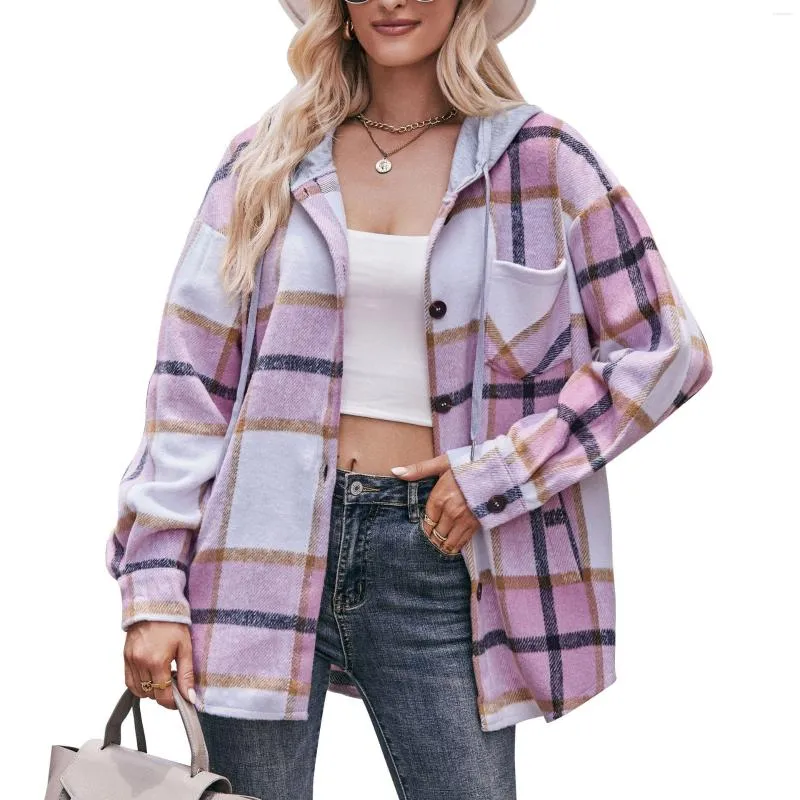 Women's Hoodies Autumn Women Plaid Color Patchwork Long Casual Outwear With Hooded Winter Sweatshirts Female Outfits C5097