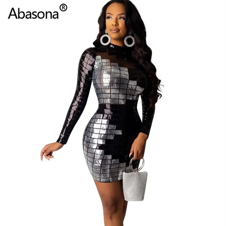 Abasona Sequined Bodycon Party Dresses Sexy Night Club Summer Women 2021 Full Sleeve Tight Mini Dress Sheath Sheer Mesh Black F113231p