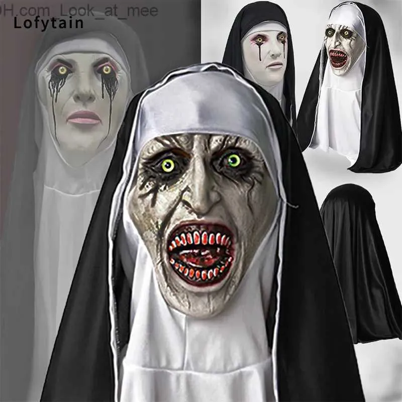 Party Masks Halloween Horror Nun Latex Mask Sister Headscarf Cosplay Scary Ghost Face Headgear Headpiece Carnival Costume Props Q231009