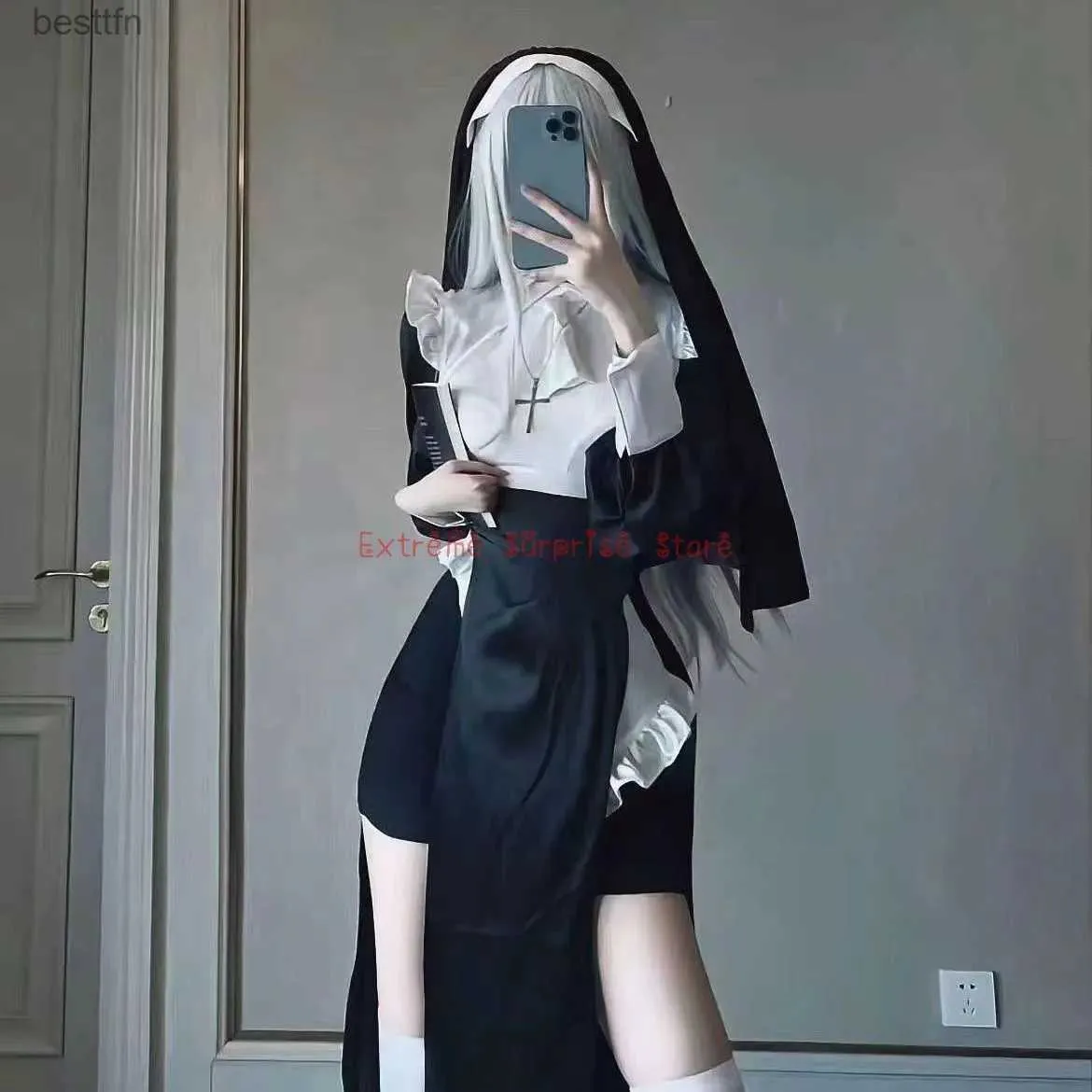 موضوع الأزياء الأنيمي XS-3XL Cosplay Cosplay Chowbie Sexy Nuns تأتي موحدة أسود فستان الهالوين يأتي للنساء 231007