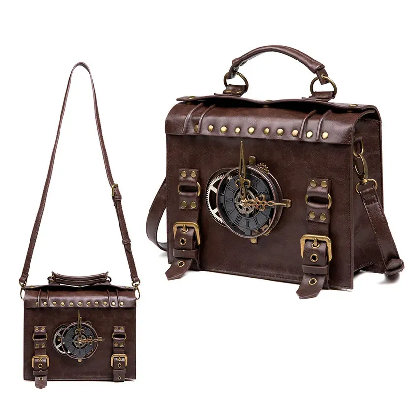 Sacs d'école PU mallette en cuir sac à bandoulière médiéval Steampunk Vintage sac à main messager femmes horloge fourre-tout bandoulière côté main homme 231007