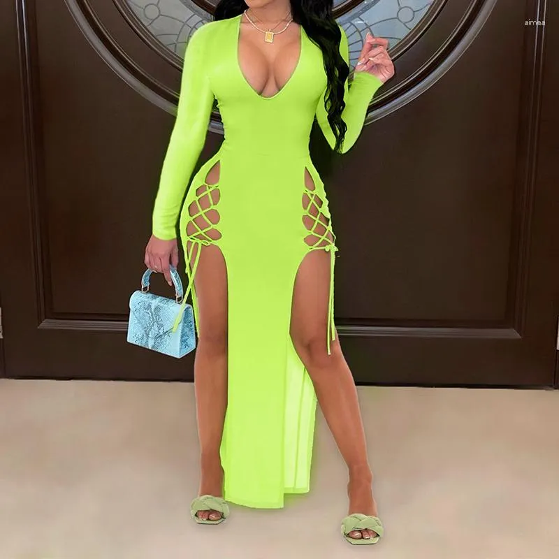 Casual Dresses: Bkld Women's Neon Green Body-Shaping Long Sleeve V-Neck  Party Street Dress with Cross Rope Lace-Up, Sexy Hollow Detail, and  Straight Slit from Dhgate Basic & Casual Dresses - price 33.9