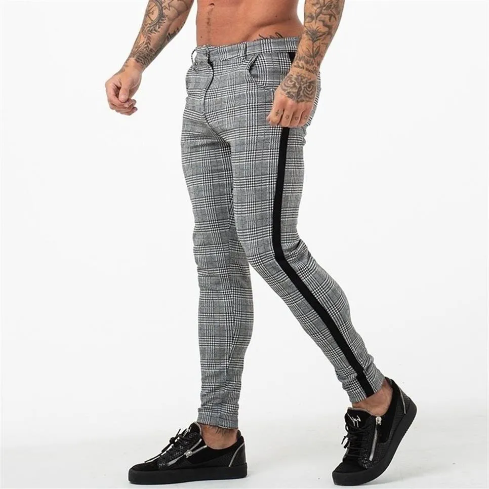 Pantalon de jogging pour hommes, pantalon chino à carreaux gris, slim, à rayures latérales, extensible, athlétique, musculation, 267x