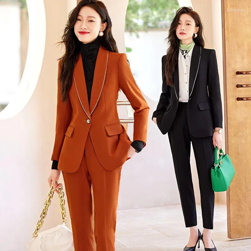 Calças femininas de duas peças high-end laranja pequeno terno jaqueta manga longa workwear vestuário de negócios temperamento macacão casual