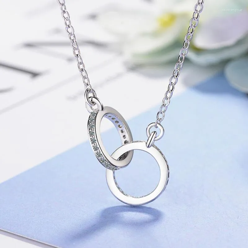 Pendants 925 Sterling Silver Double Circle Interlock Pendant Necklace Ring Collarbone Neck Chain For Women Jewelry BSN295