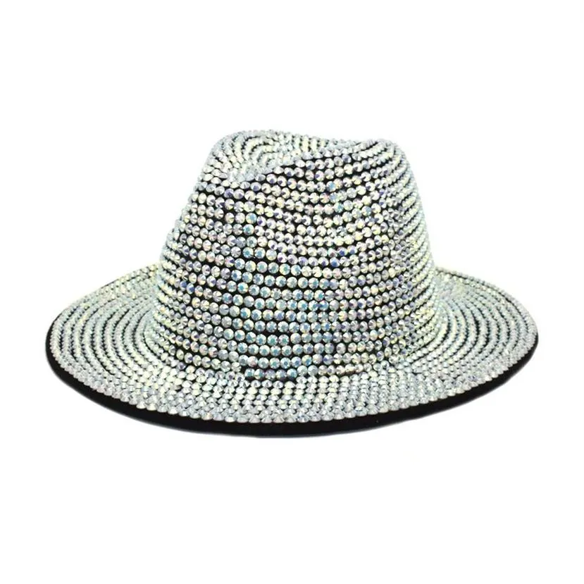 Rhinestone Fedora Hats For Women Men Flat wide Brim Wool Felt Jazz Hats Handmade Bling Studded Party Hat314V