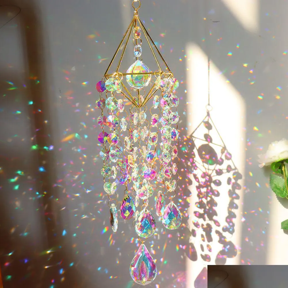 Trädgårdsdekorationer kristall vindklockor hängande fönster prismor suncatcher regnbåg maker prydnad glas smycken hänge hem dekoration d dhyib