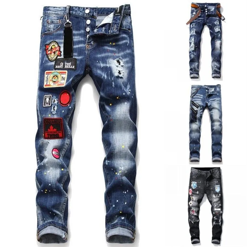 Mens Distressed Rips Stretch Zwarte Jeans Mode Slim Fit Gewassen Motocycle Denim Broek Panelen Hip HOP Broek T1059240y