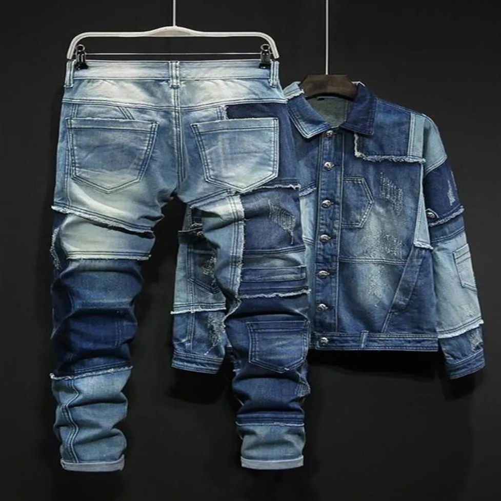 2022 TRACKSUITS PERSONALITY BLÅ MÄNS SETS Blandade färger Spliced ​​Loose Denim Two Piece Set Långärmad enkelbröst jacka187s