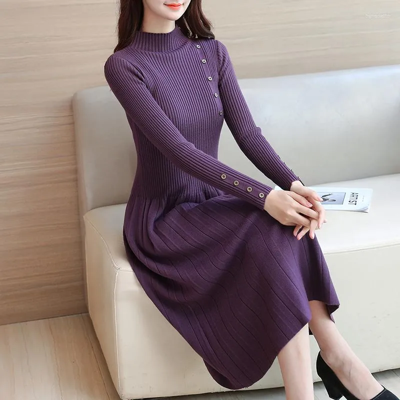 Casual Dresses Women Sweater Dress Knitted Pullover Half High Collar For Long Sleeve Knee Length Thickened Winter Women's Clothing