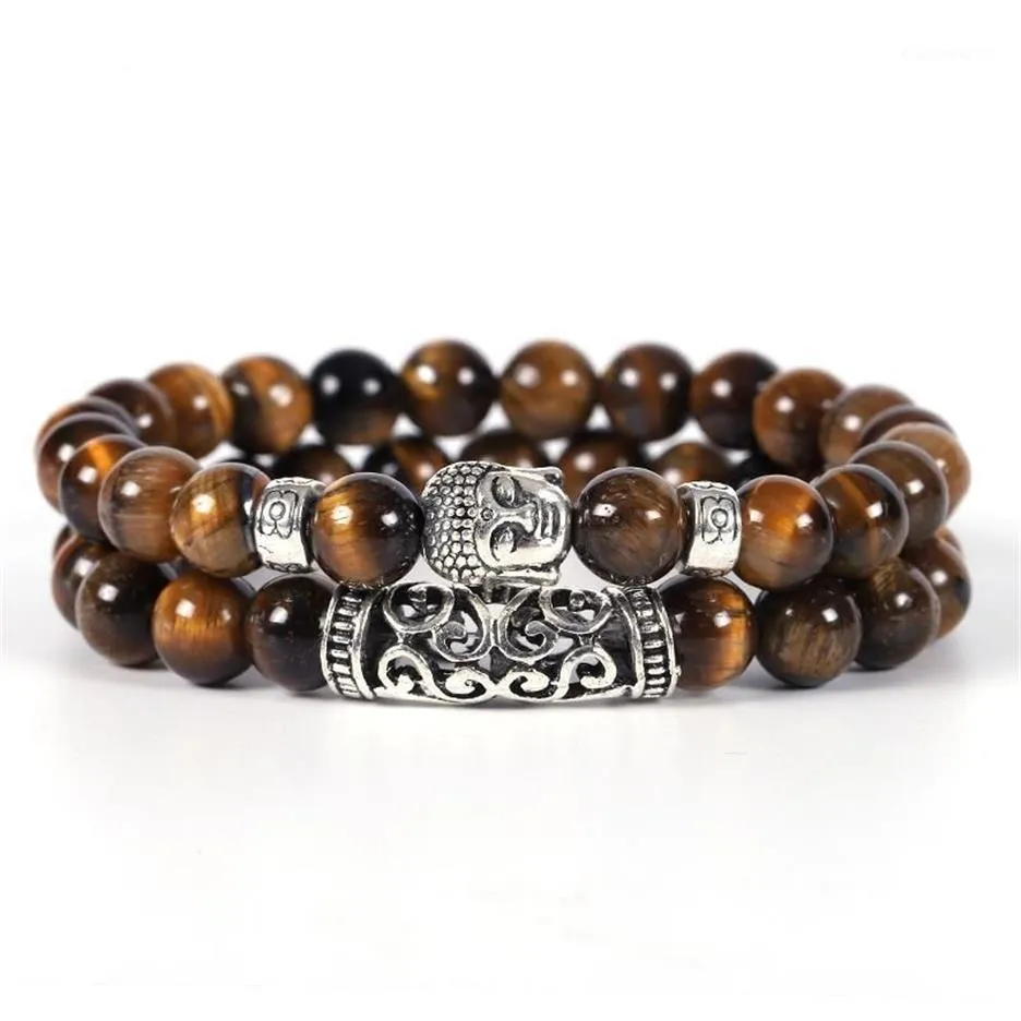 Beaded Strands 2 stycken Set Buddha Charm Natural Stone Armband Men armband för kvinnor cool bländande pulseras12793