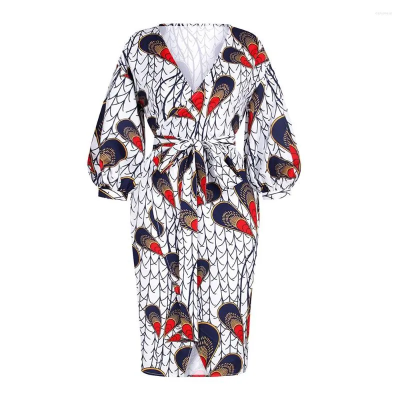 Etnisk kläder Autumn Digital Printed African Style Women's Elegant V-ringen Långärmning Fashion One-Piece Hip kjol FQSF