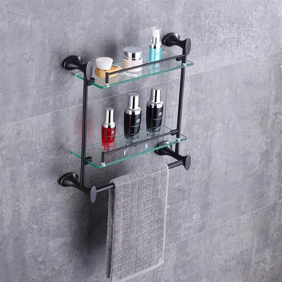 Wall Mounted Oil Rubbed Bronze Glass Bath Shelf Double Lever Towel Bar Towel Shelf Storage2097