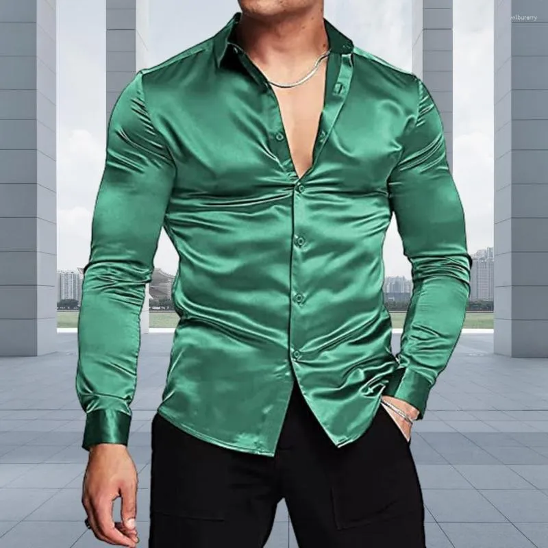 Camisas casuais masculinas homens camisa de cetim de seda brilhante slim fit manga comprida cor sólida botão de lapela para baixo