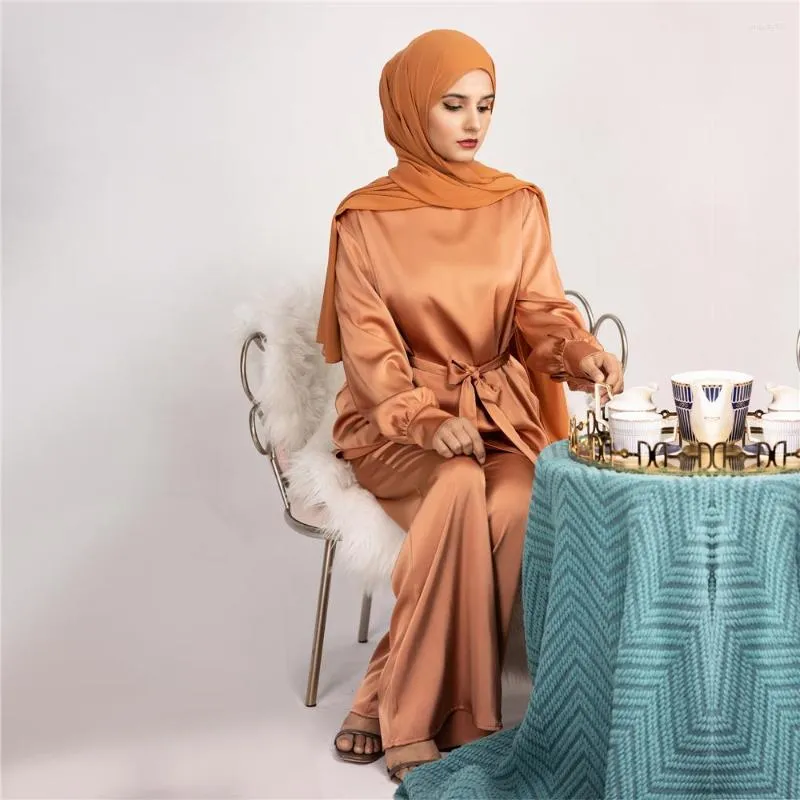 Ropa étnica Conjunto de 2 piezas para mujeres modestas Satén brillante Islámico Tops con cinturón Pantalones largos Ramadán Eid Conjuntos musulmanes Dubai Trajes turcos