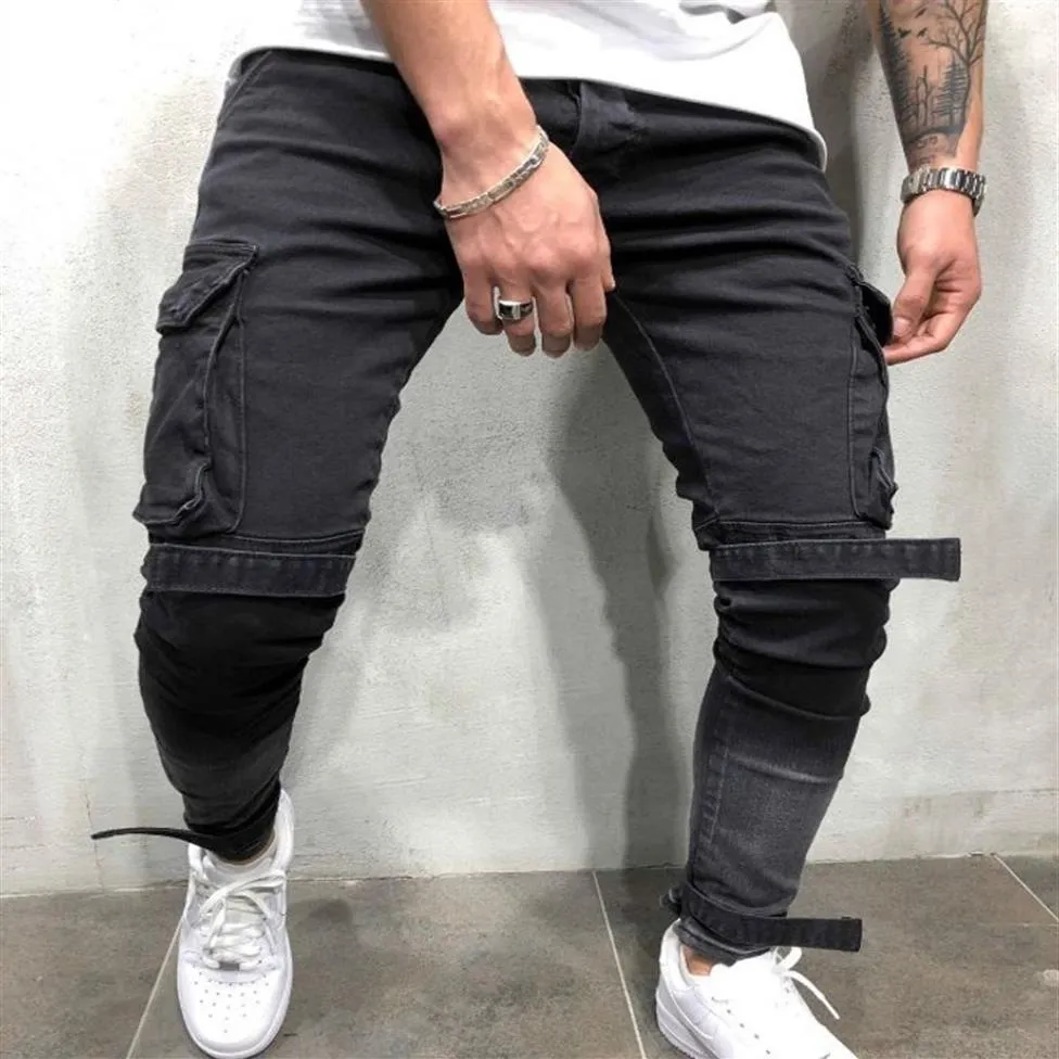 Skinny Biker Jeans Uomo Multi-tasca Fasciatura Slim Cargo Pantaloni da jogging per uomo Moto Hip hop Streetwear Swag Denim Pants243o