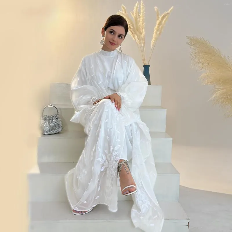 Ethnic Clothing Dubai White Organza Embroidery Cardigan For Women Fashion Party Dress Muslim Islamic Open Front Abaya Gown