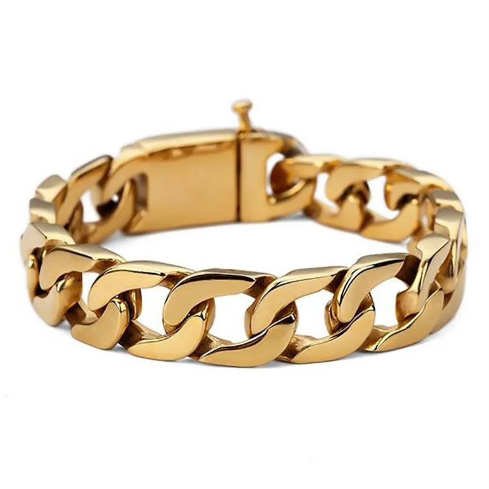 18K Goud 316L Stainessstaal Armband 15mm Cubaanse Link Armbanden Voor Mannen Vrouwen 22CM Lengte Fitness Beweging bracelet247M