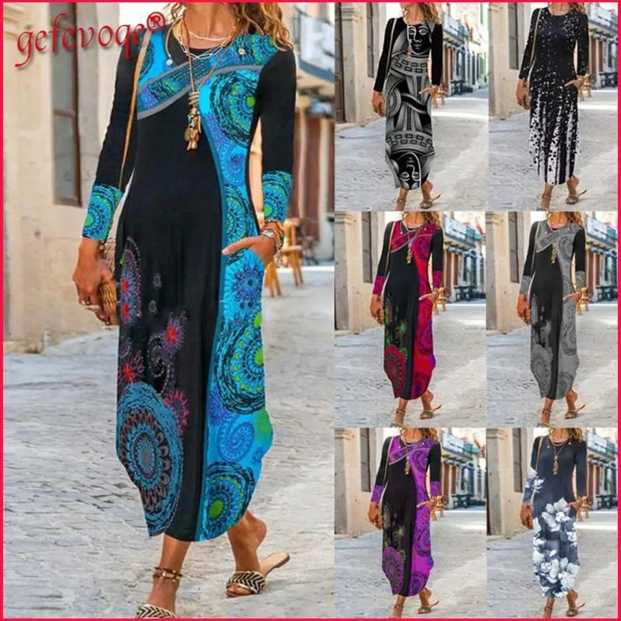 Casual Dresses Autumn Winter Plus Size For Women Vintage Printed Elegant Party Beach Long Sleeve Maxi Dress Female Clothing 2022221b