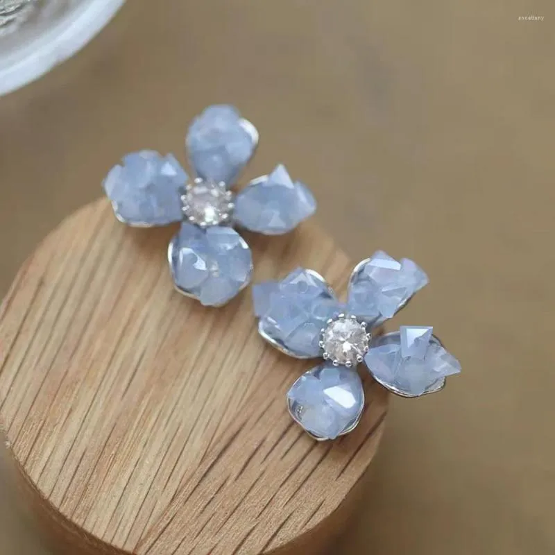 Kolczyki stadnorskie kryształowy kwiat dla kobiet romantyczny słodki cyrkon niebieski szary rośliny metalowe akcesoria kobiece biżuteria Prezent