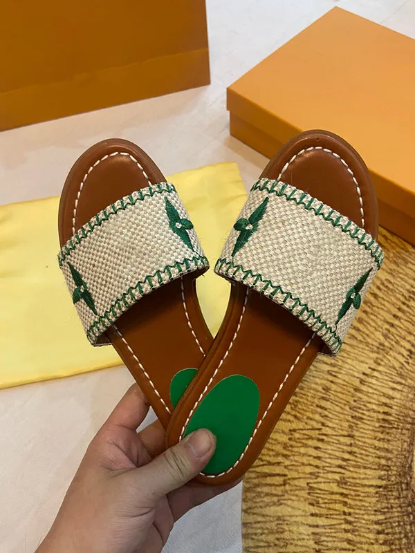 Desinger Womens Slippers White Black Pink Mesh Embroidered Linen Beige Woody Flat Mule Sandals Loe Luxury Beach Platform red green