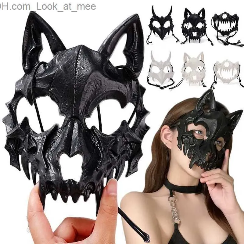 Party Masks Japanese Anime Dragon God Skeleton Half Face Mask Halloween Mask Unisex Black White Animals Skeleton Masks Cosplay Party Parts Q231007