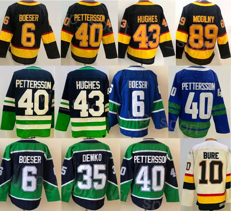 Hockey pour hommes 6 Brock Boeser Jersey Reverse Retro 40 Elias Pettersson 35 Thatcher Demko 10 Pavel Bure 89 Mogilny 43 Quinn Hughes Broderie Vintage Classic Team Couleur