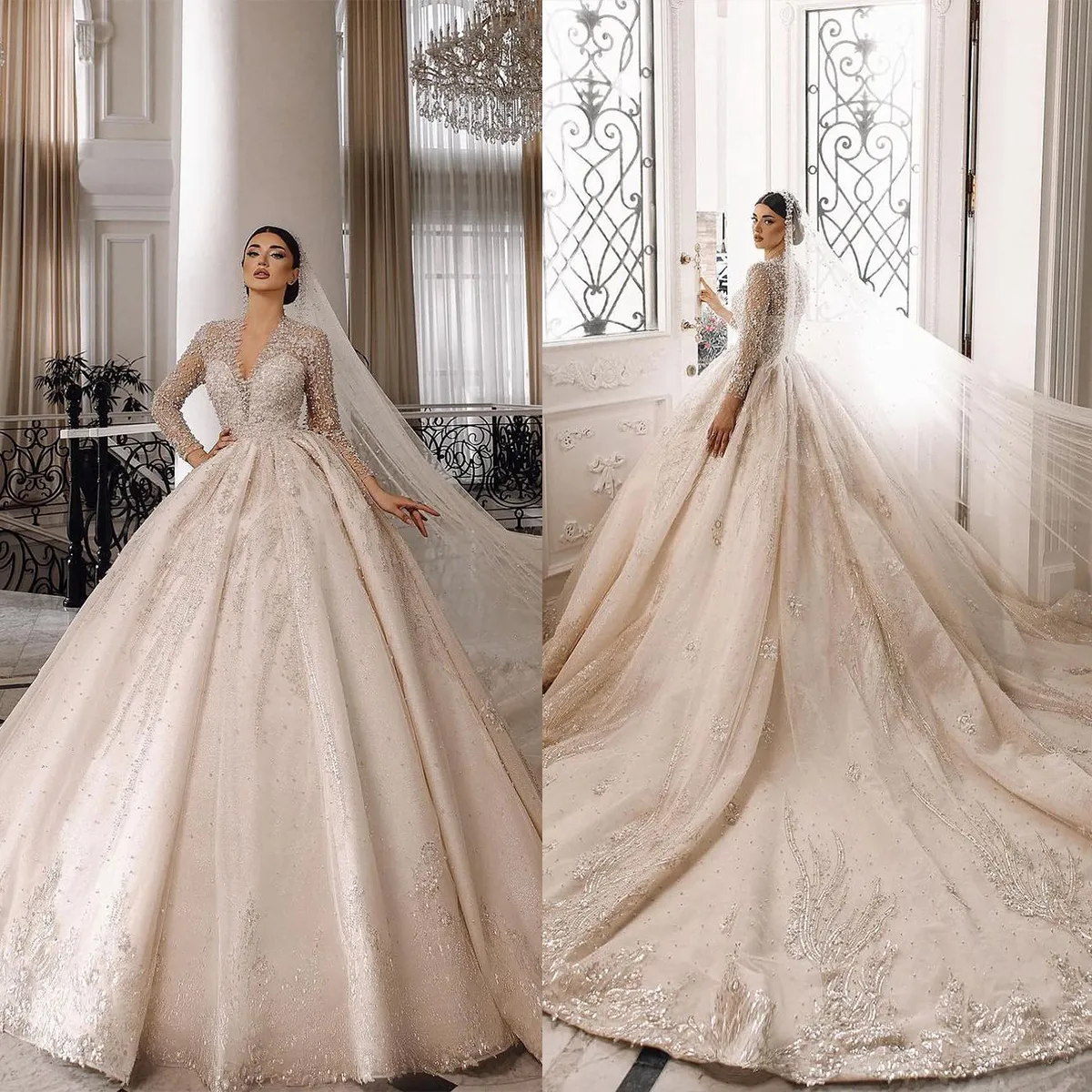 Elegant V Neck Wedding Dresses Ball Gown Luxurious Beading Lace Full Sleeve Dresses vestidos de novia Custom Made