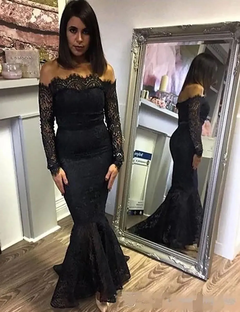 Evening Dresses Black Lace Prom Party Gown Formal Plus Size Mermaid Zipper Lace Up New Custom Long Sleeve Off-Shoulder
