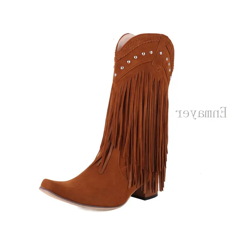 Bottes Femmes Bottes Rivet Rétro WesternTassels Fringe Cowboy Cowgirl Bottes pour Femmes Vintage Mi-mollet Femmes Rose Bottes Décontractées Chaussures 231007